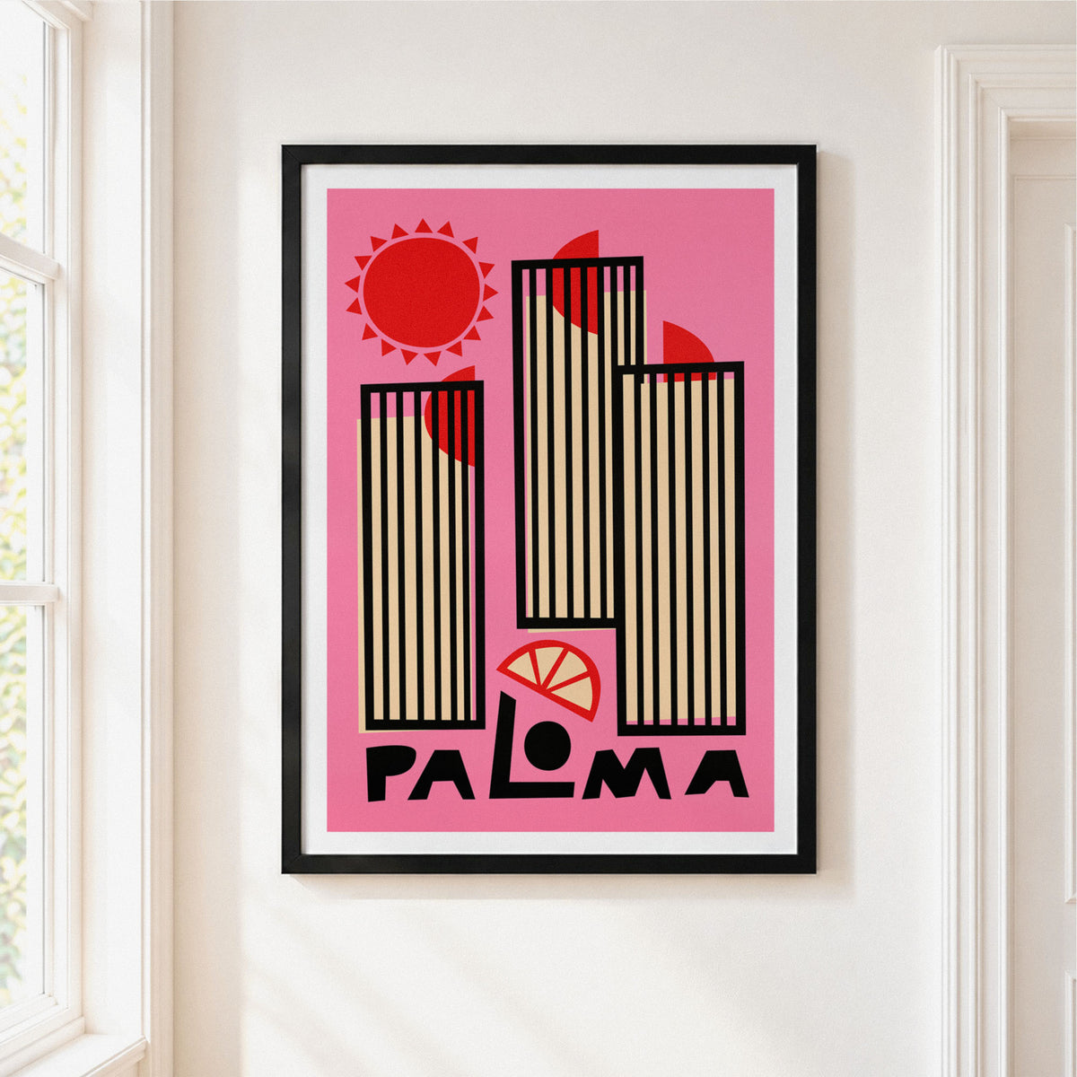 the vertical black-striped towers, stylised grapefruit slice, and radiant sun motif — celebrating the cocktail’s refreshing character visually.