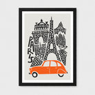 A framed art print featuring a stylized black-and-white illustration of Paris landmarks above an orange car shown against a light gray background.