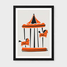 Framed wall art featuring a Parisian carousel illustration in orange, black, and cream, shown in a black frame against a light gray background.