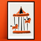 A Parisian Carousel Print in Mid-century style, in orange and black, framed and set against orange wall