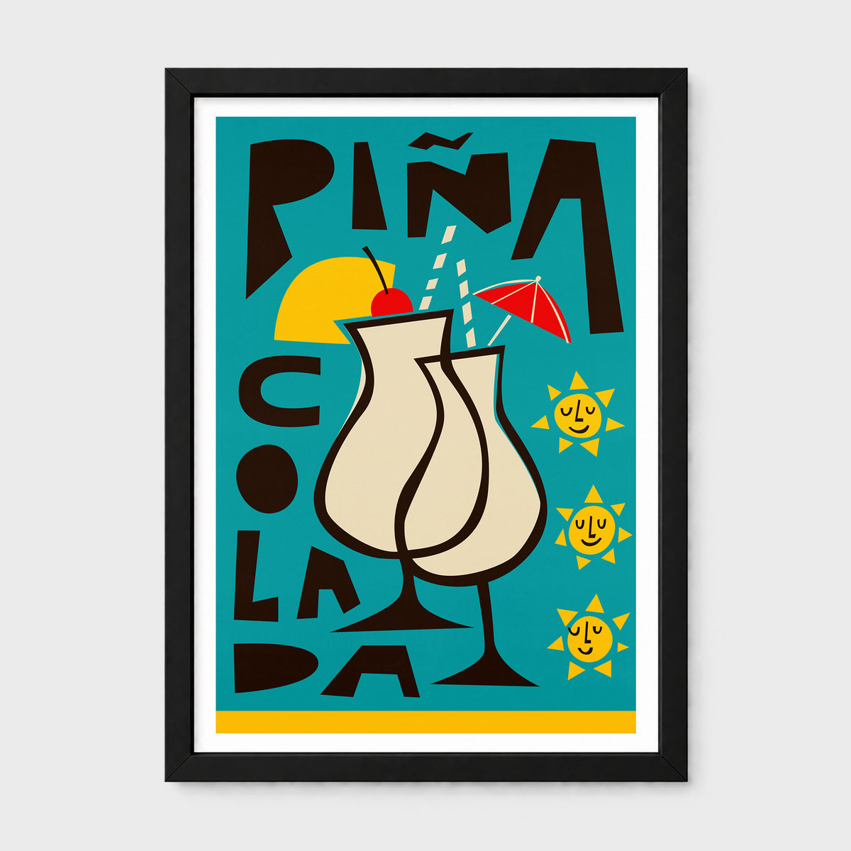 A framed art print featuring a retro-style illustration of a Pina Colada cocktail with the words 'PIÑA COLADA' in bold black lettering on a teal background, shown against a light gray wall.