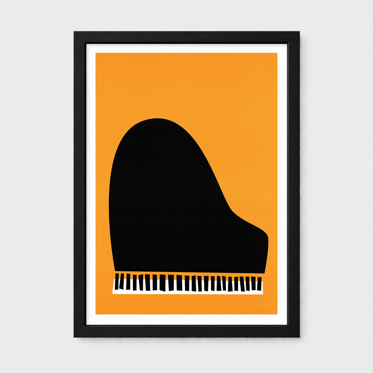 Framed minimalist art print featuring a black grand piano silhouette against a solid orange background, with a white mat and a black frame, shown on a light gray wall.
