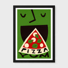 Framed wall art featuring a stylized green face with a slice of pizza in front of its mouth and the word 'PIZZA' below, shown against a light gray background.