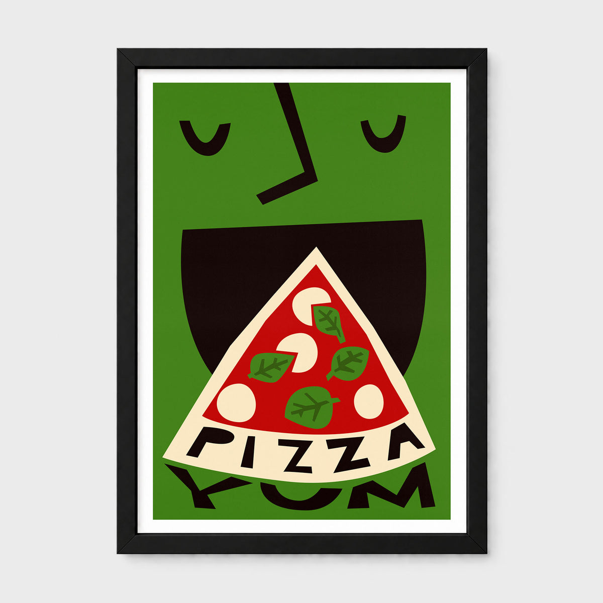 Framed wall art featuring a stylized green face with a slice of pizza in front of its mouth and the word 'PIZZA' below, shown against a light gray background.