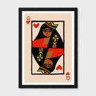 Framed art print of the Queen of Hearts playing card, featuring a stylized illustration of the queen with red hearts, a yellow crown, and a black dress on a beige background, enclosed in a black frame with a white mat.
