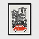 Framed art print featuring a stylized black line drawing of Rome landmarks and the word 'ROME' on a light gray background, with a red car at the bottom. The print is shown in a black frame with a white mat against a light gray wall.