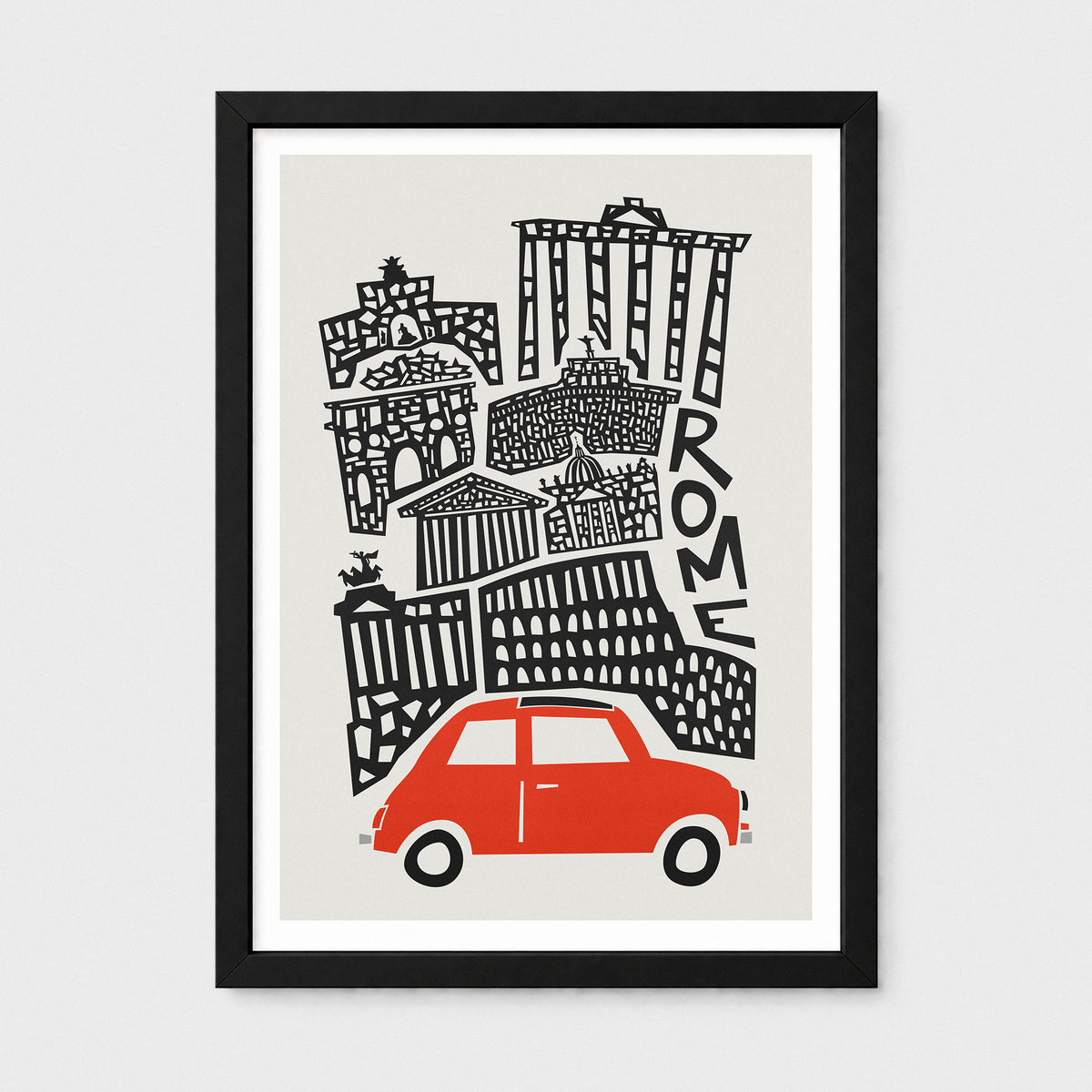Framed art print featuring a stylized black line drawing of Rome landmarks and the word 'ROME' on a light gray background, with a red car at the bottom. The print is shown in a black frame with a white mat against a light gray wall.
