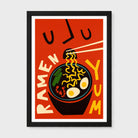A framed retro-style ramen poster with bold graphic illustration, featuring a bowl of ramen noodles, chopsticks, egg halves, and vertical text reading 'RAMEN' and 'YUM' on a red background, shown against a light gray wall.