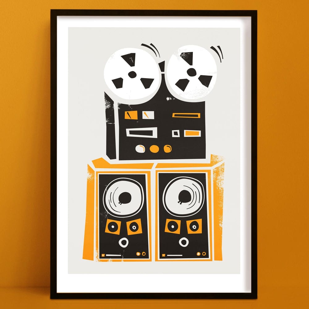Framed retro Reel to Reel Player Print, tape deck illustration with bold black and orange speakers on a clean white background, displayed on an orange wall