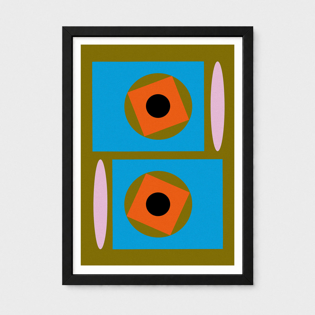 A framed abstract geometric art print featuring two blue rectangles, orange rotated squares, olive green circles, and pink vertical ovals, presented in a black frame against a light gray background.