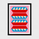 Framed geometric art print featuring four stacked red horizontal bars with blue and beige triangular patterns on a pink background, enclosed in a black frame with a white mat.
