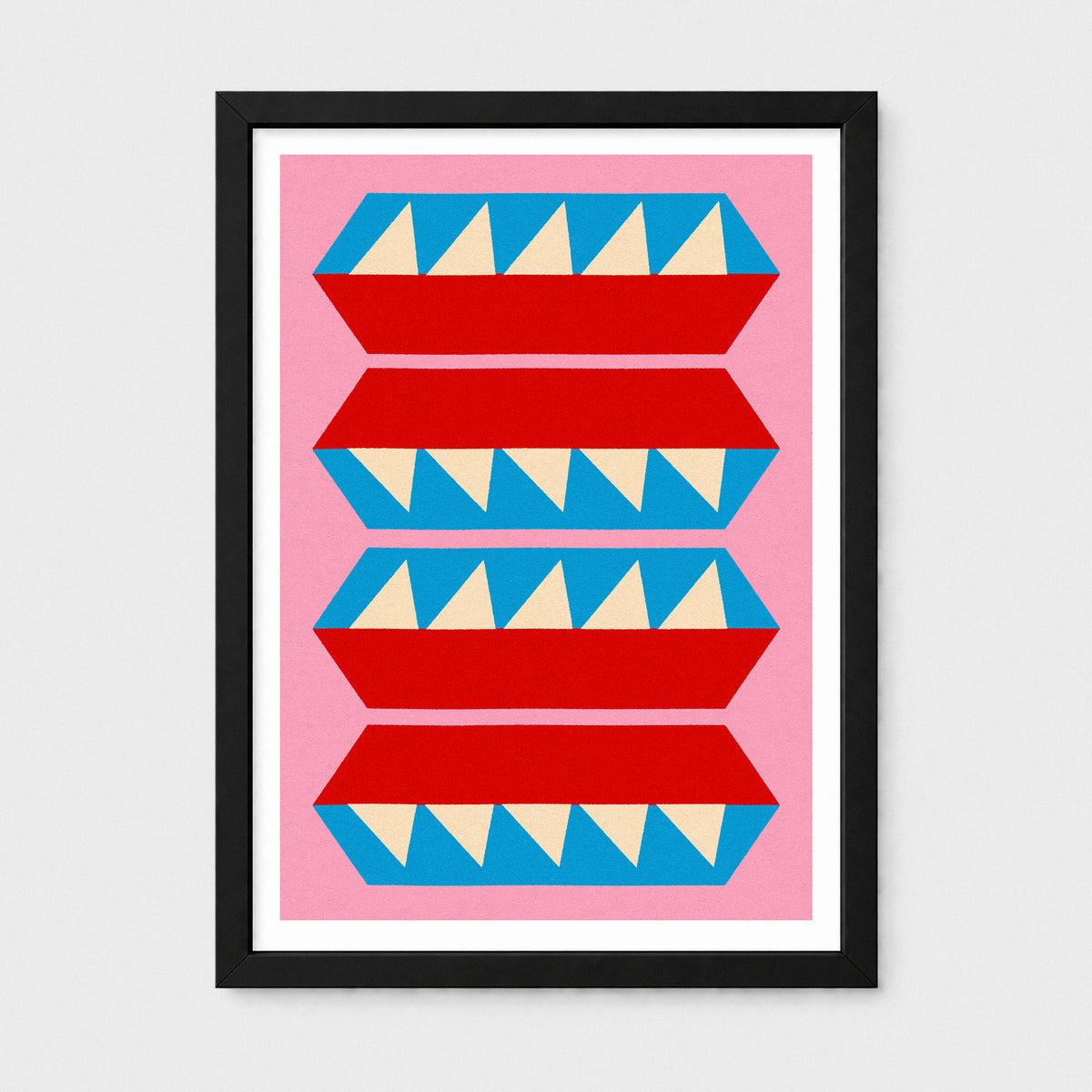 Framed geometric art print featuring four stacked red horizontal bars with blue and beige triangular patterns on a pink background, enclosed in a black frame with a white mat.