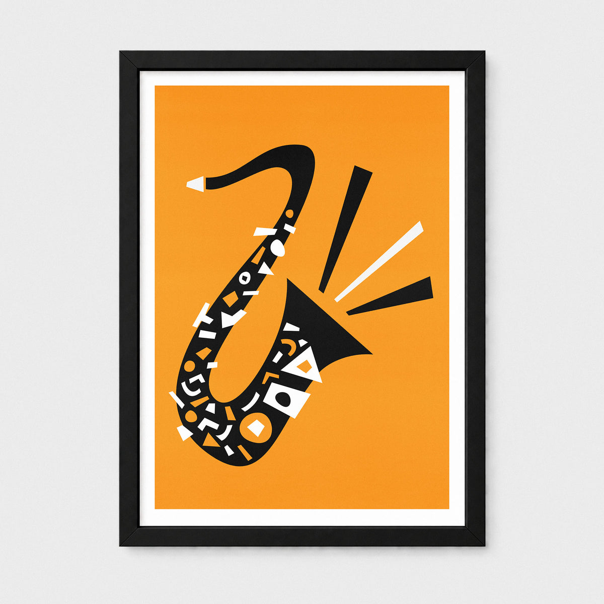 Framed minimalist art print featuring a stylized saxophone made of black, white, and orange geometric shapes on an orange background, set in a black frame with a white mat.