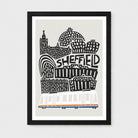 A framed art print featuring a stylized black and white illustration of Sheffield landmarks with the word 'SHEFFIELD' in bold letters, plus a white tram with orange and blue stripes at the bottom, shown on a light gray background.