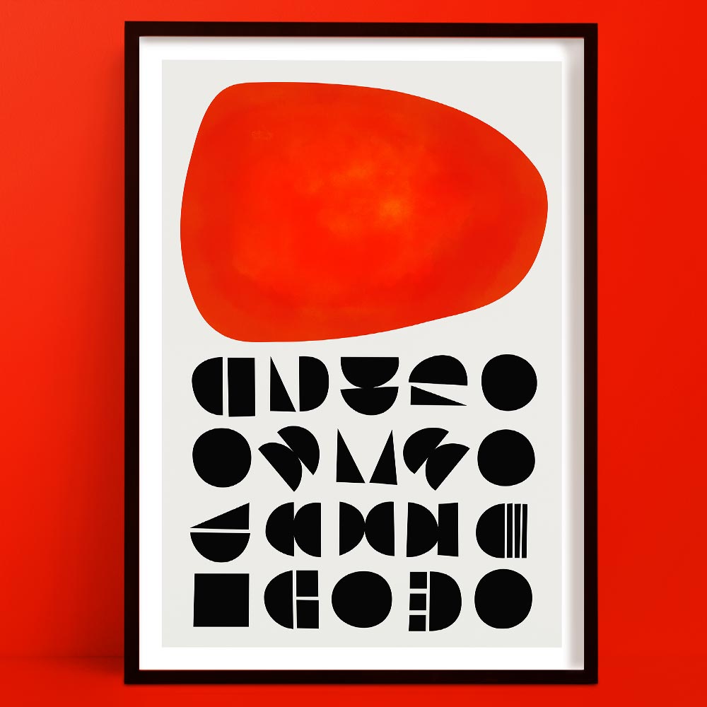 Framed Solar Sun abstract Print abstract art poster with a red shape and black text on a red background