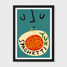 A framed art print featuring a retro-style illustration of spaghetti with the word 'SPAGHETTI' and 'YUM' in playful typography, set against a teal background with a black frame.