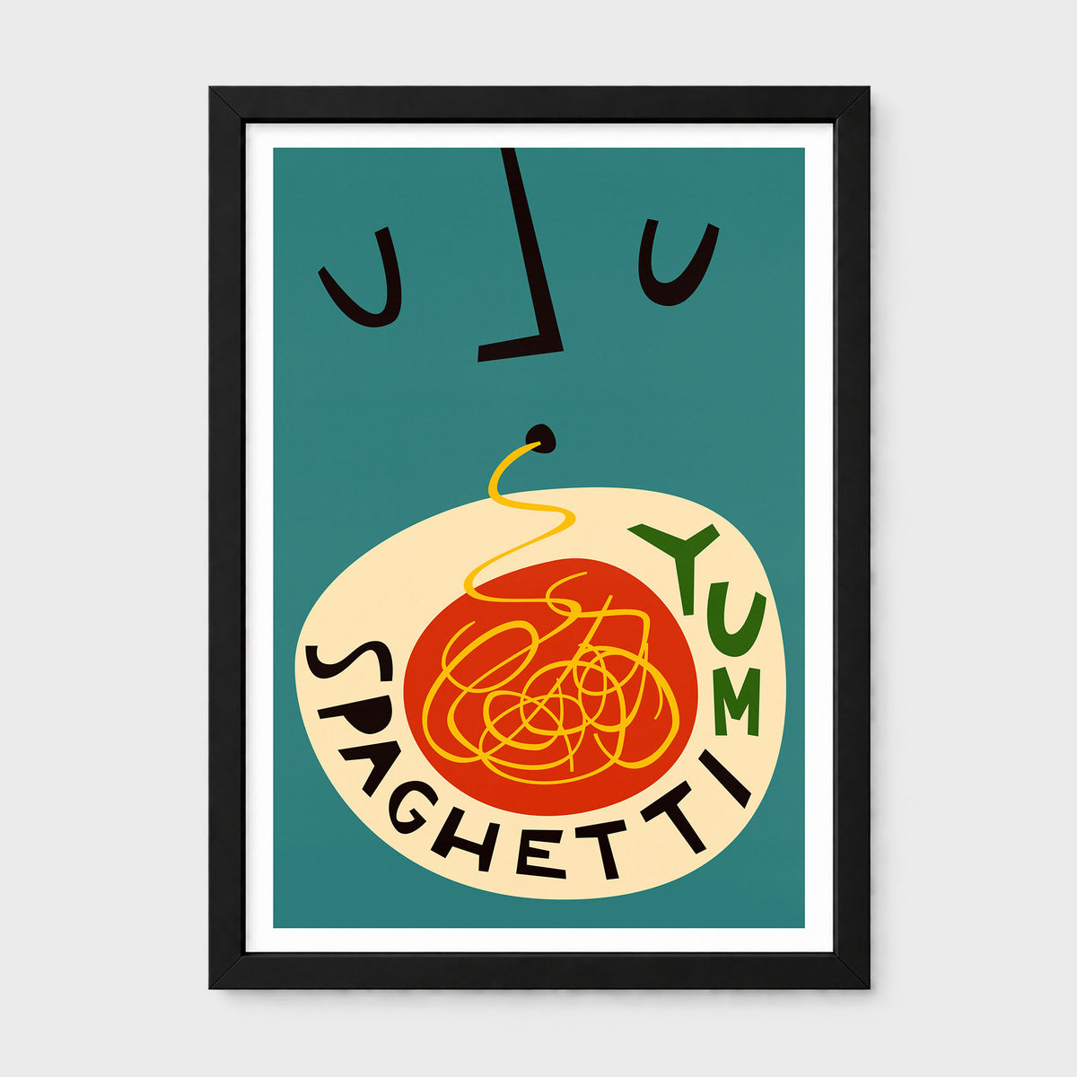A framed art print featuring a retro-style illustration of spaghetti with the word 'SPAGHETTI' and 'YUM' in playful typography, set against a teal background with a black frame.