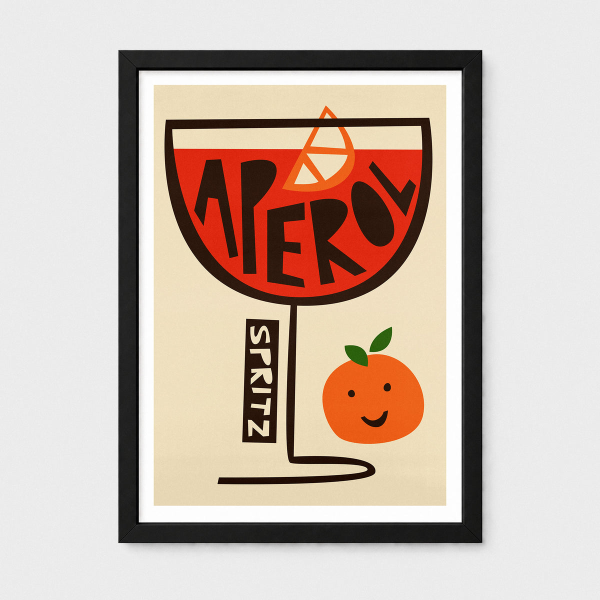A framed art print featuring a stylized cocktail glass filled with red liquid and the word with 'SPRITZ' written vertically and a smiling orange character below, shown against a light gray background.