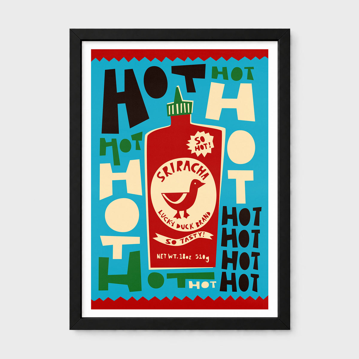 A framed art print featuring a stylized graphic of a Skirachi hot sauce bottle surrounded by bold retro text on a turquoise background, enclosed in a black frame against a light gray wall.