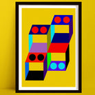 Framed abstract artwork with colorful geometric design on a yellow background