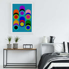 Modern bedroom with a colorful abstract painting on the wall, a bed with striped bedding, and a side table with plants and decor items.