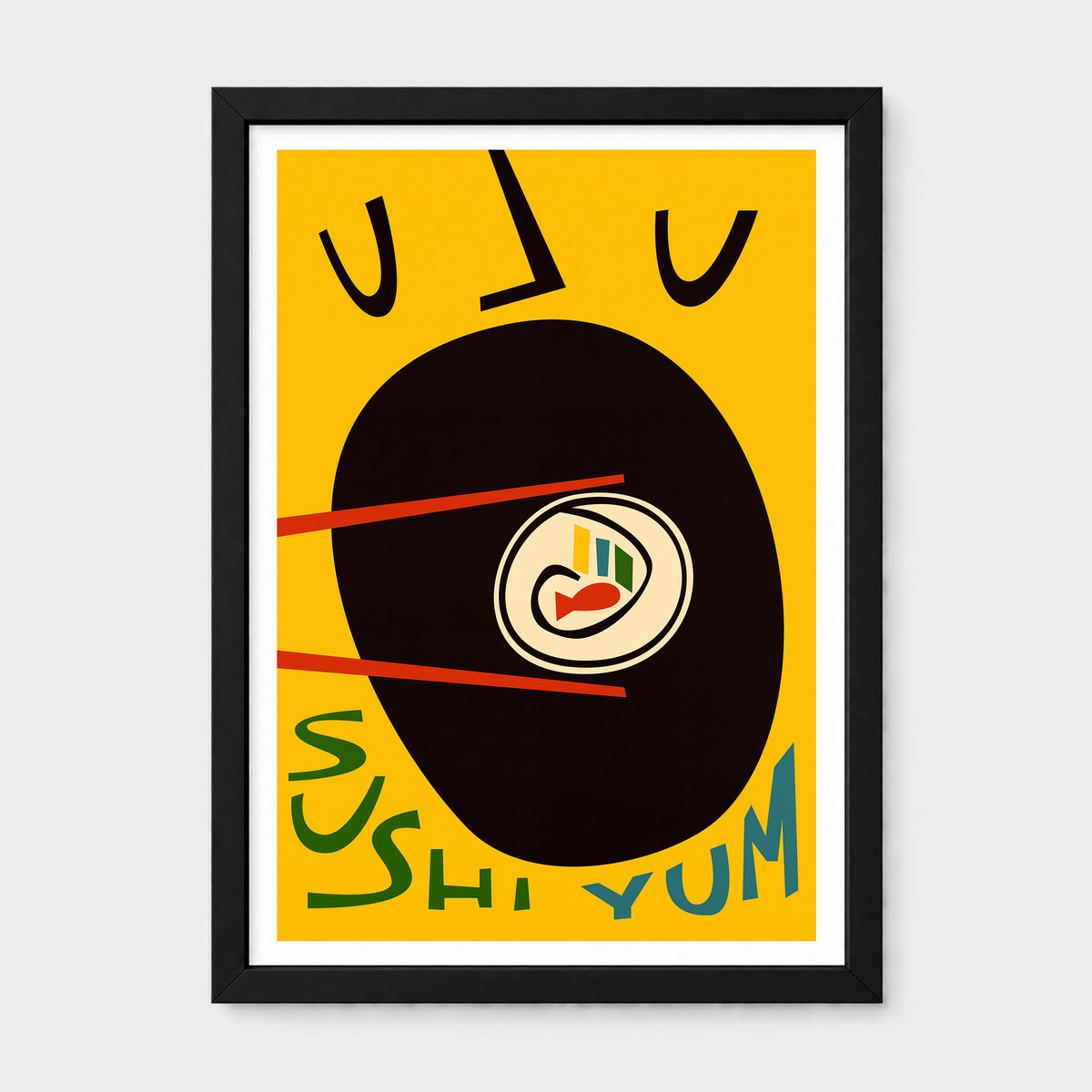Framed minimalist sushi art print with a bold yellow background, a large black oval, chopsticks, stylized text, and a small fish illustration, shown against a light gray wall.