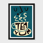 Art print of a graphic face with closed eyes and whimsical steam swirls from a cup below in a black frame