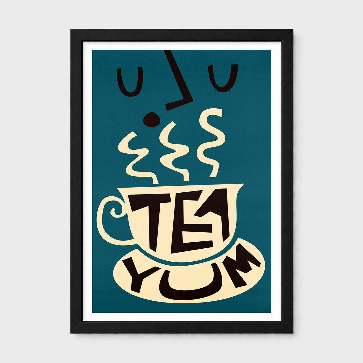 Art print of a graphic face with closed eyes and whimsical steam swirls from a cup below in a black frame
