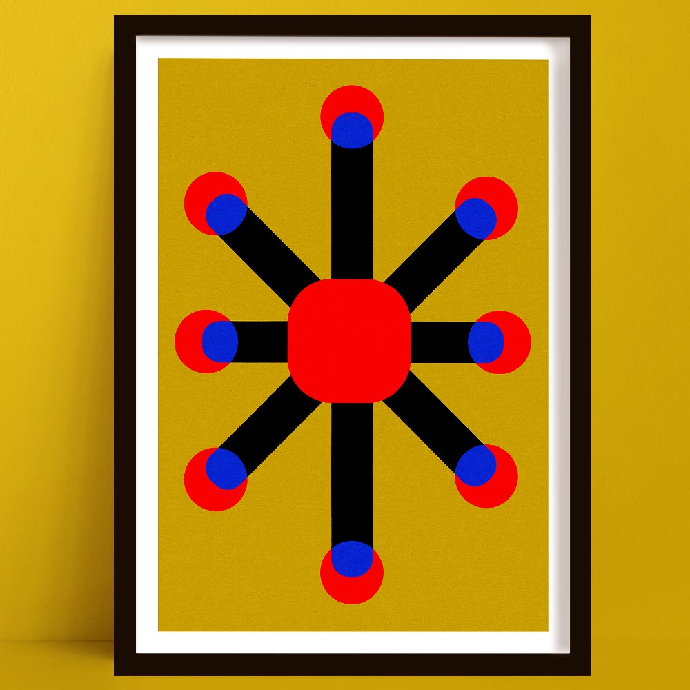 Framed abstract art with red, blue, and black colors on a yellow background