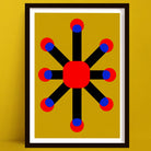 Framed abstract art with red, blue, and black colors on a yellow background