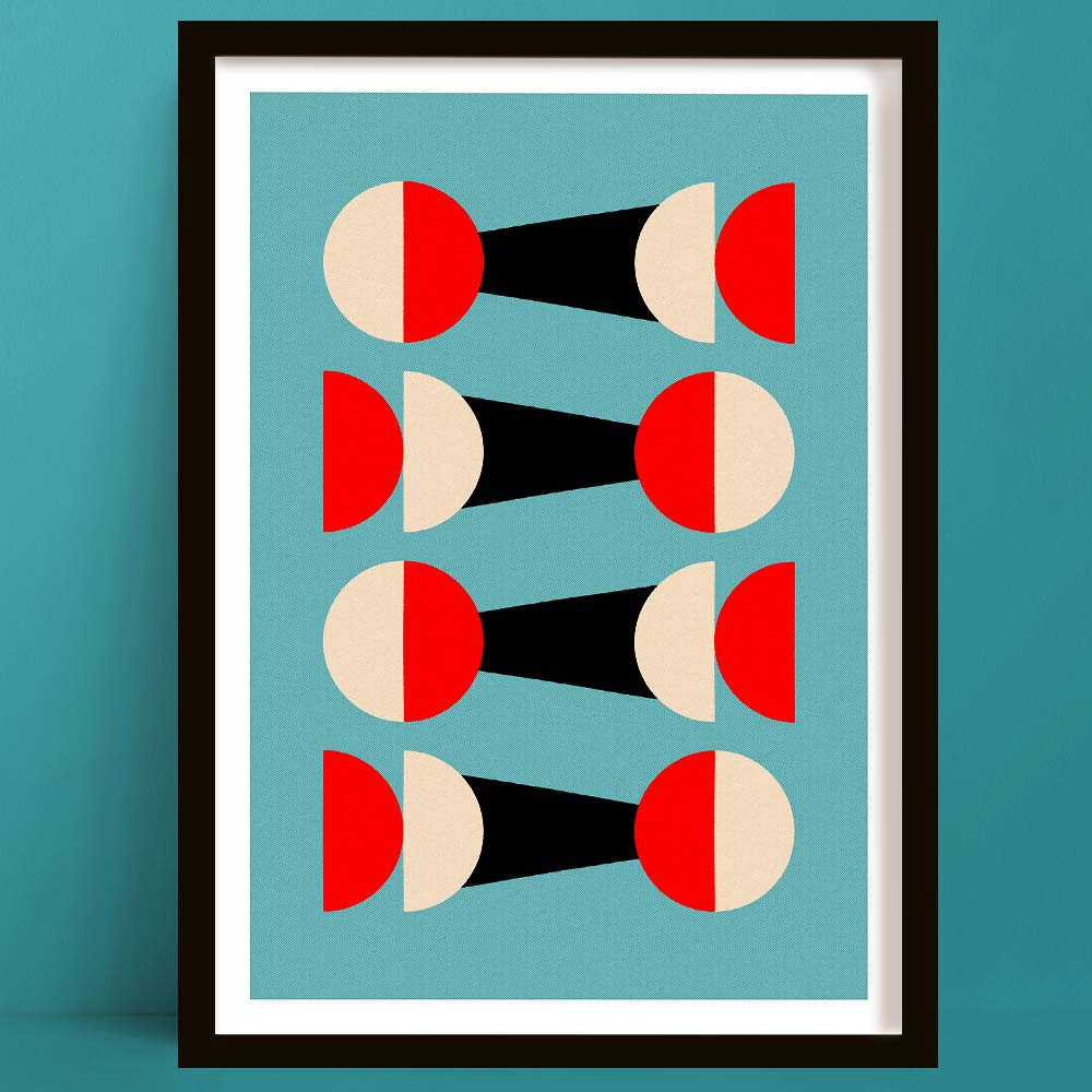 Framed abstract art print with geometric shapes on a teal background