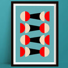 Framed abstract art print with geometric shapes on a teal background
