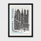 A framed minimalist art print of the Tokyo skyline, featuring black hand-drawn skyscrapers and roads on a light gray background, enclosed in a white mat and a black frame.