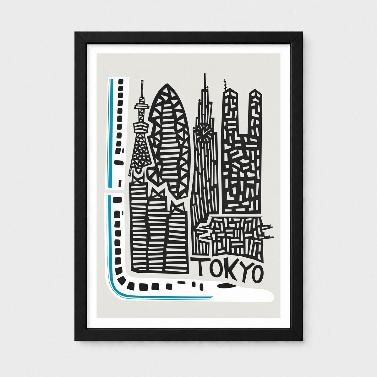 A framed minimalist art print of the Tokyo skyline, featuring black hand-drawn skyscrapers and roads on a light gray background, enclosed in a white mat and a black frame.
