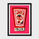 A framed pop-art print featuring a stylized tomato ketchup bottle on a bright pink background, enclosed in a black frame with a white mat.