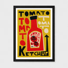 A framed graphic art print featuring a bold retro-style tomato ketchup advertisement design. The print has a mustard yellow background with a large red ketchup bottle in the center, black and red typography reading 'TOMATO KETCHUP,' and a black frame with a white mat, shown against a light gray background.