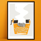 Black framed artwork of a typewriter on a white background.