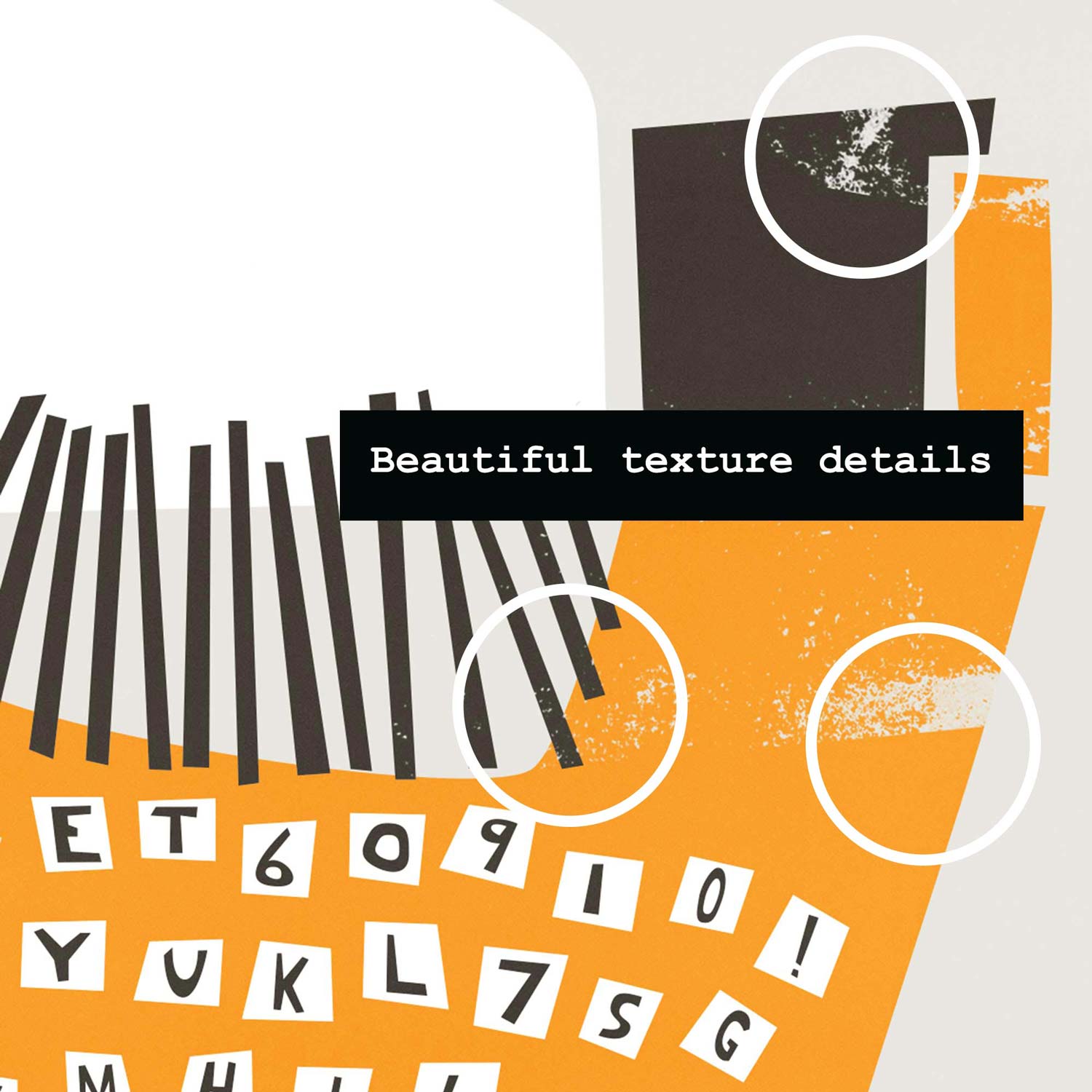 Typewriter design with black and white stripes, orange square, and scattered letters on a white background