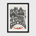 A framed art print featuring a stylized black line-art illustration of Venice, including buildings, an arched bridge, and a red gondola on a light beige background, shown against a light gray wall.