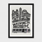 A framed art print featuring a stylized black and gray illustration of Washington, D.C.