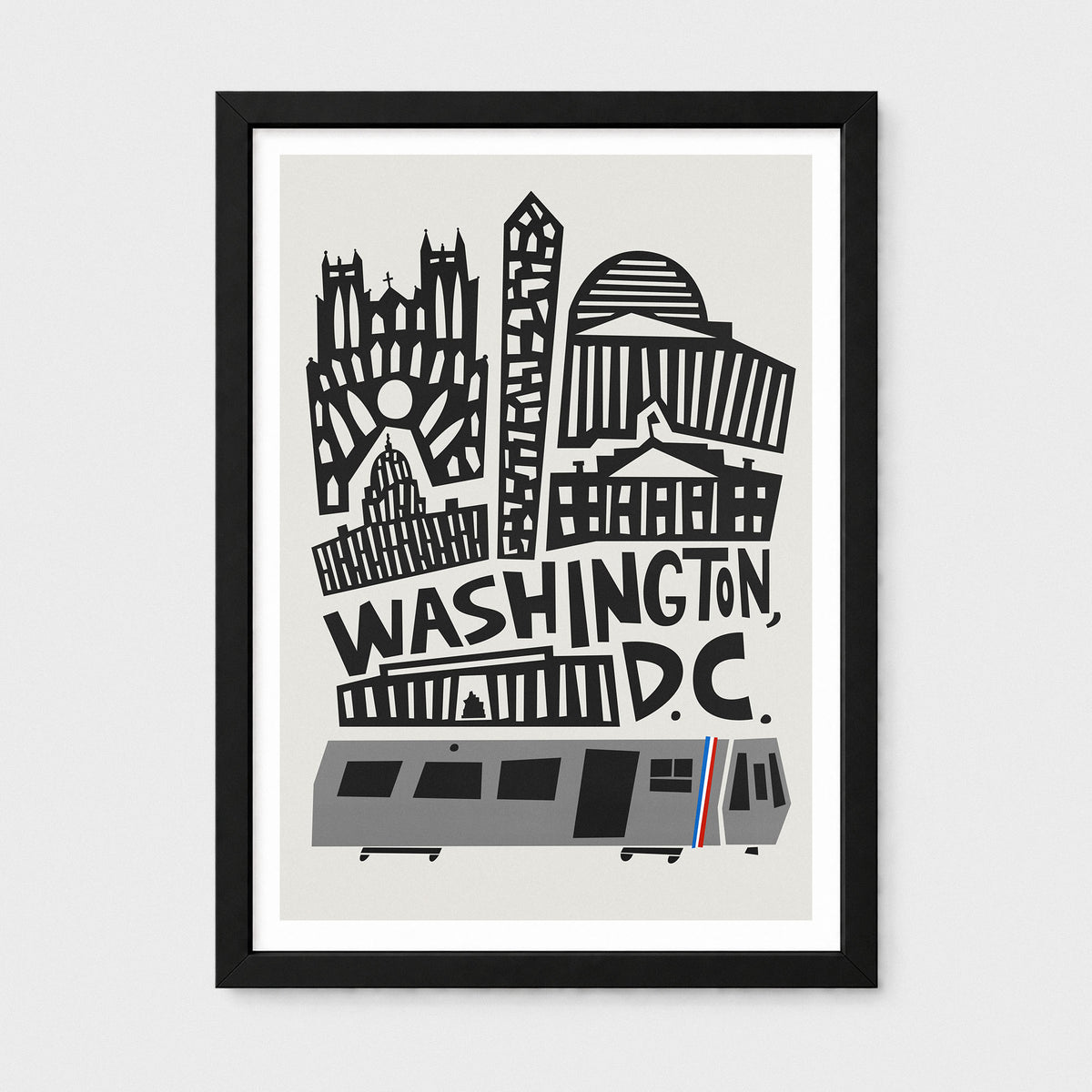 A framed art print featuring a stylized black and gray illustration of Washington, D.C.