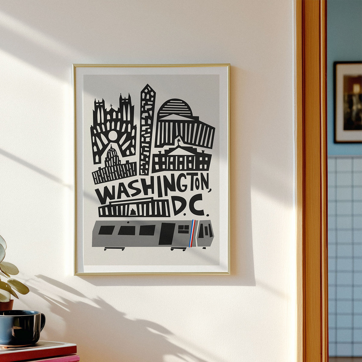 A framed art print featuring a black and gray stylized illustration of Washington, D.C.