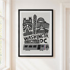 A framed art print featuring a stylized black and gray illustration of Washington, D.C.