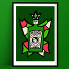Absinthe art print featuring a stylised green bottle with pink and black label design, framed on green wall.