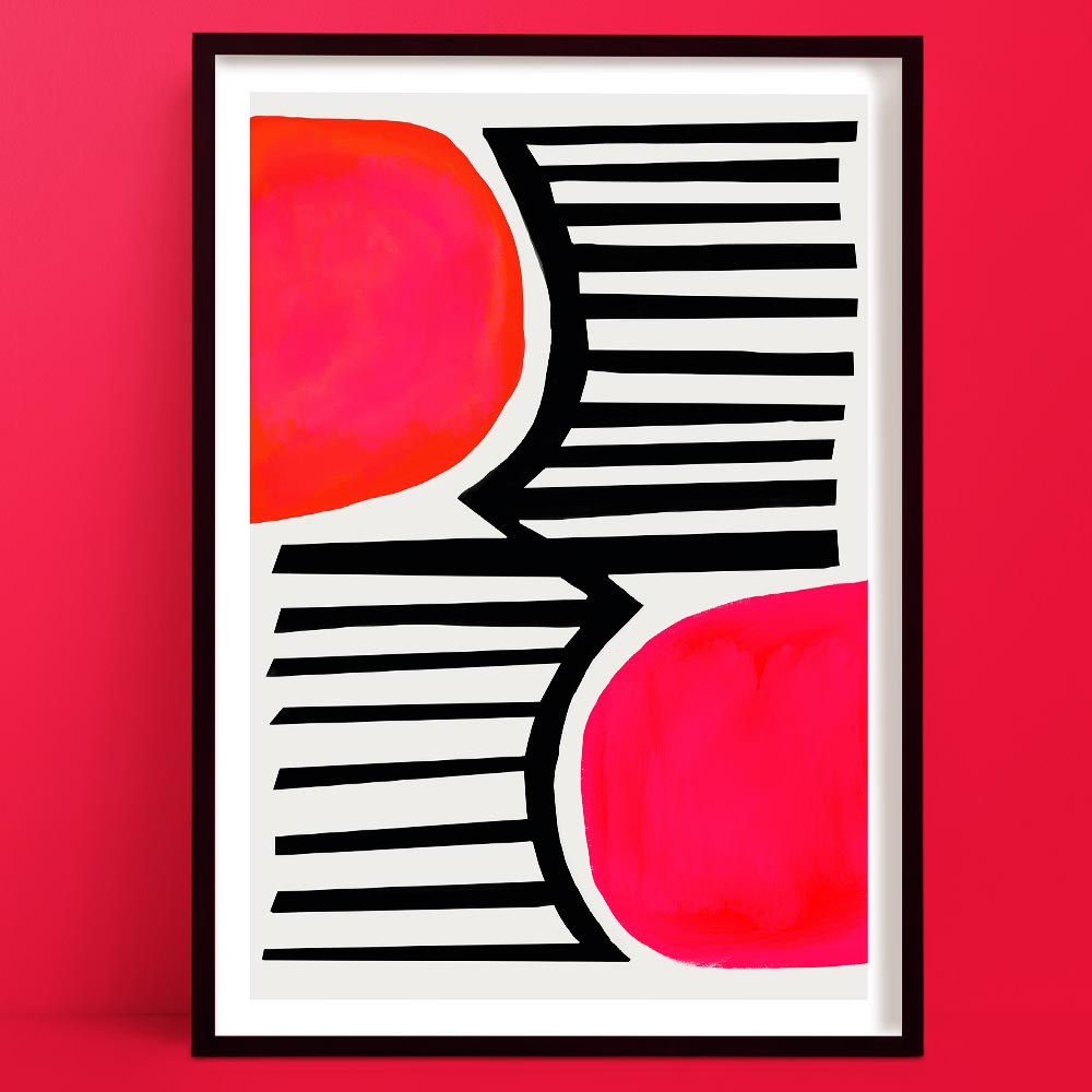 Abstract print featuring pink circular forms intersected by bold black stripes on a clean white backdrop.