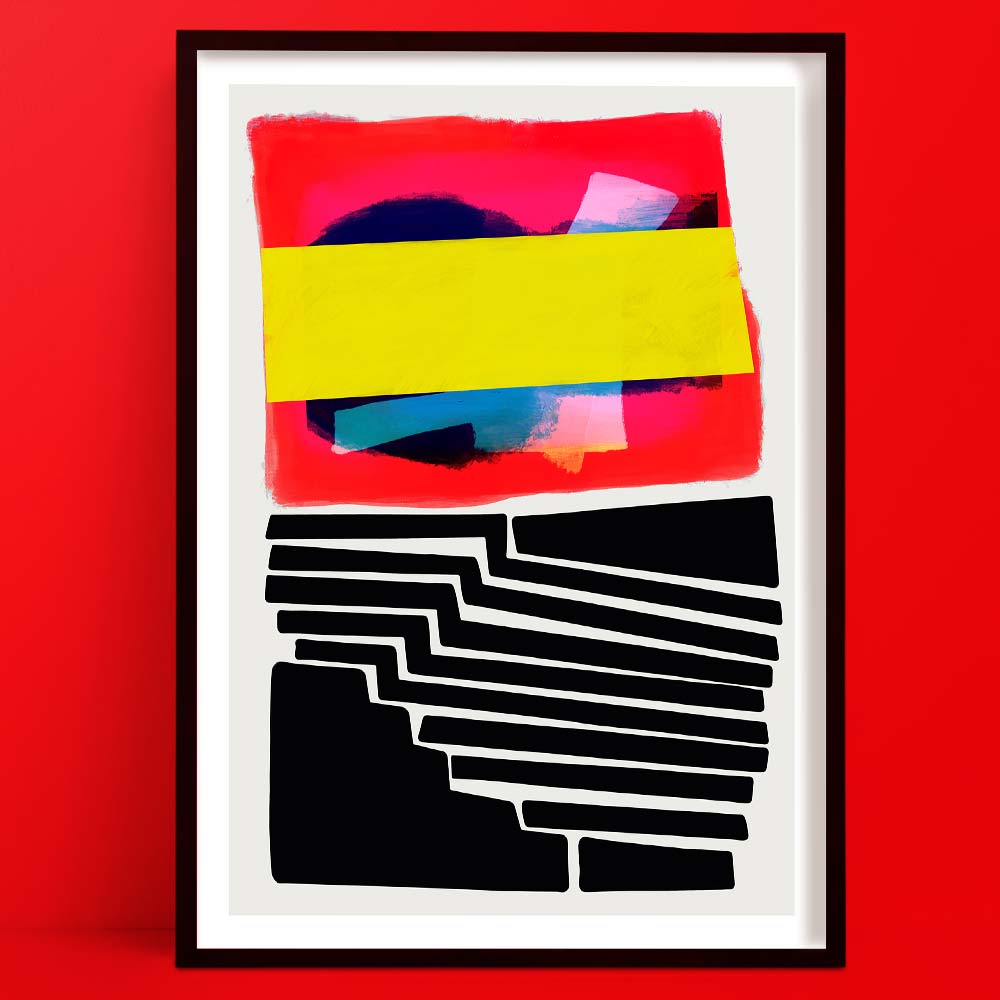 Abstract wall art featuring layered geometric shapes in vivid pink, yellow, and black with bold staircase-like lines.