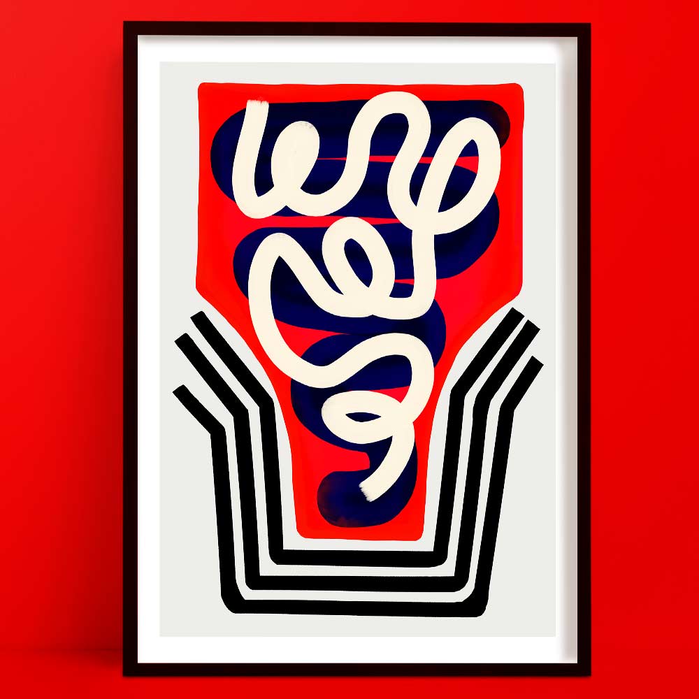 Abstract cocktail glass print featuring bold lines, fluid white swirls, and a vibrant red and navy background.