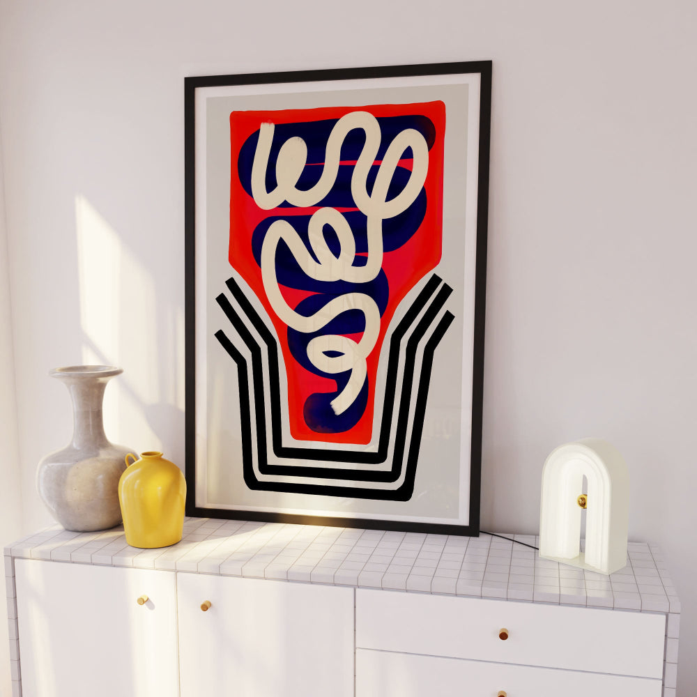 Abstract cocktail glass poster hanging in a crisp white room with soft lighting and minimal decor.