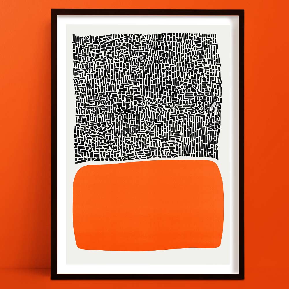 Abstract art print featuring a bold orange organic shape beneath a dense black-and-white grid texture, creating a modern yet earthy visual contrast.