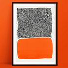 Abstract art print featuring a bold orange organic shape beneath a dense black-and-white grid texture, creating a modern yet earthy visual contrast.